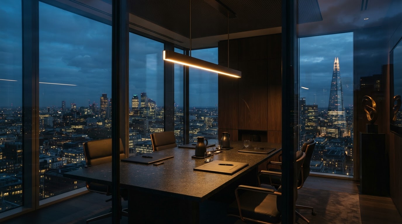 Luxury minimalist private strategic advisory executive suite at dusk with warm golden lighting, empty chairs, and quiet architectural refinement