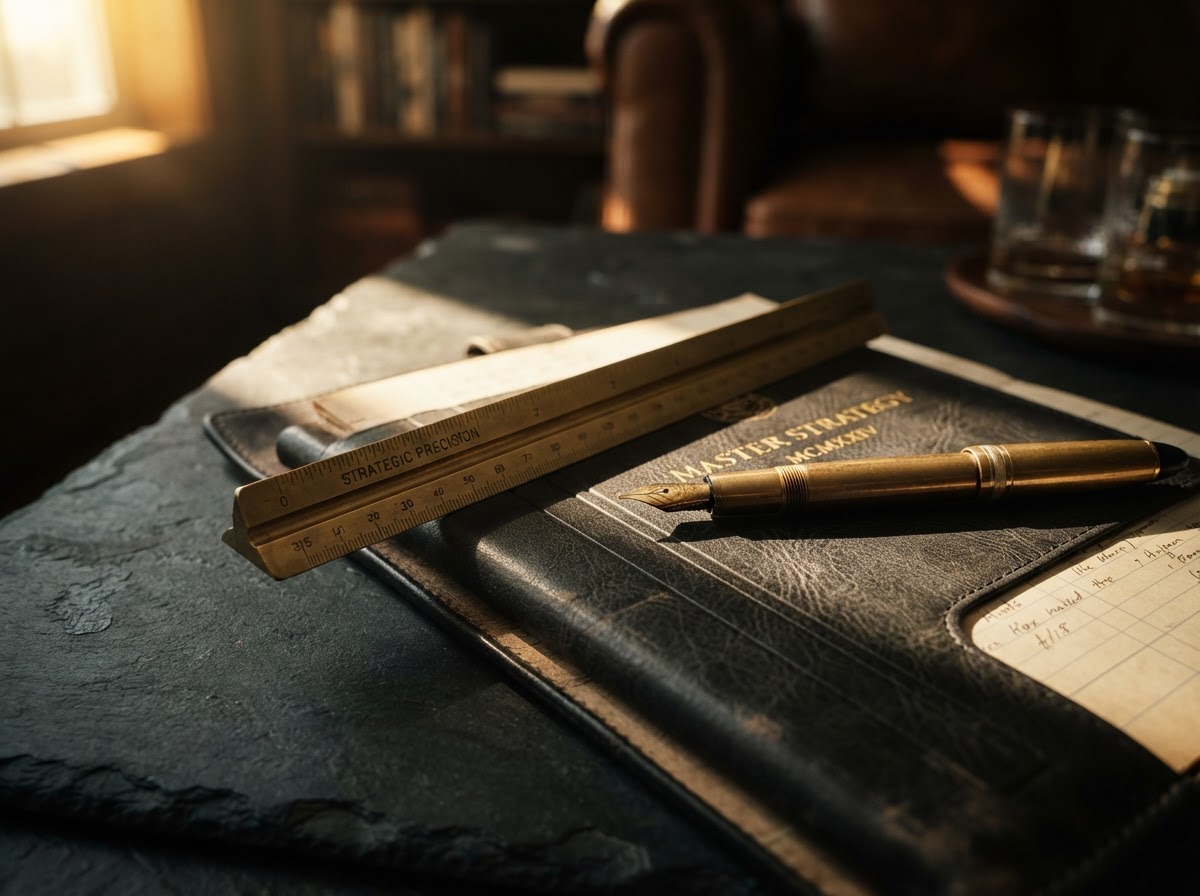High-end editorial precision tools: bespoke leather strategy folio, brass instrument, and fountain pen under warm golden light