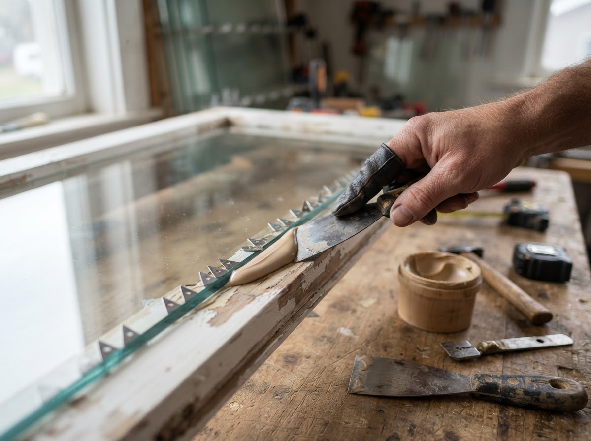 Custom cut glass replacement pane being fitted into a window sash