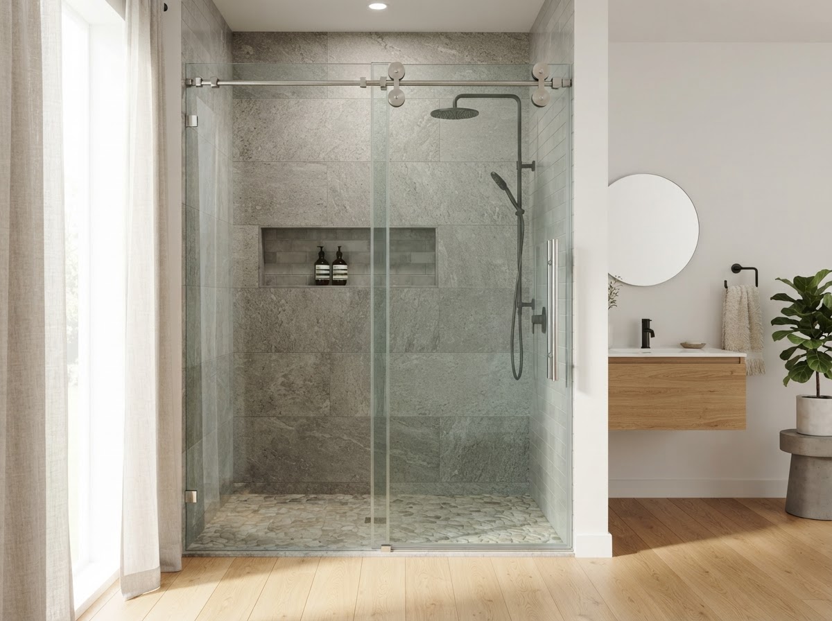 Modern sliding glass barn door shower enclosure