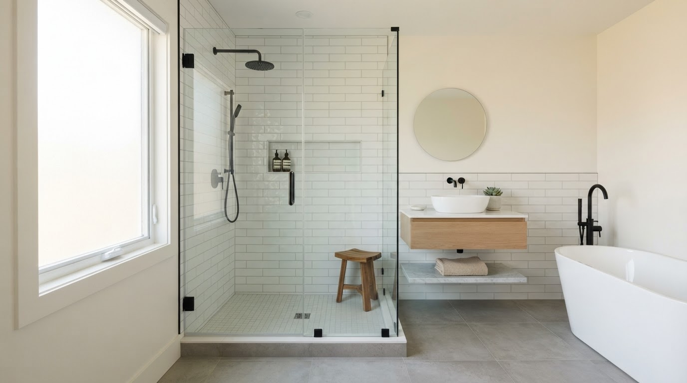 Frameless glass shower enclosure installed by Cota Glass Inc.