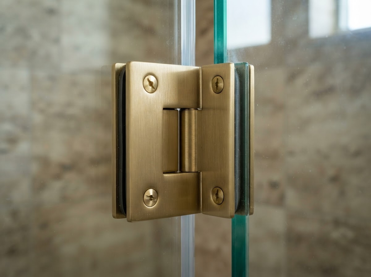 Frameless heavy glass shower door hinge in brushed brass hardware