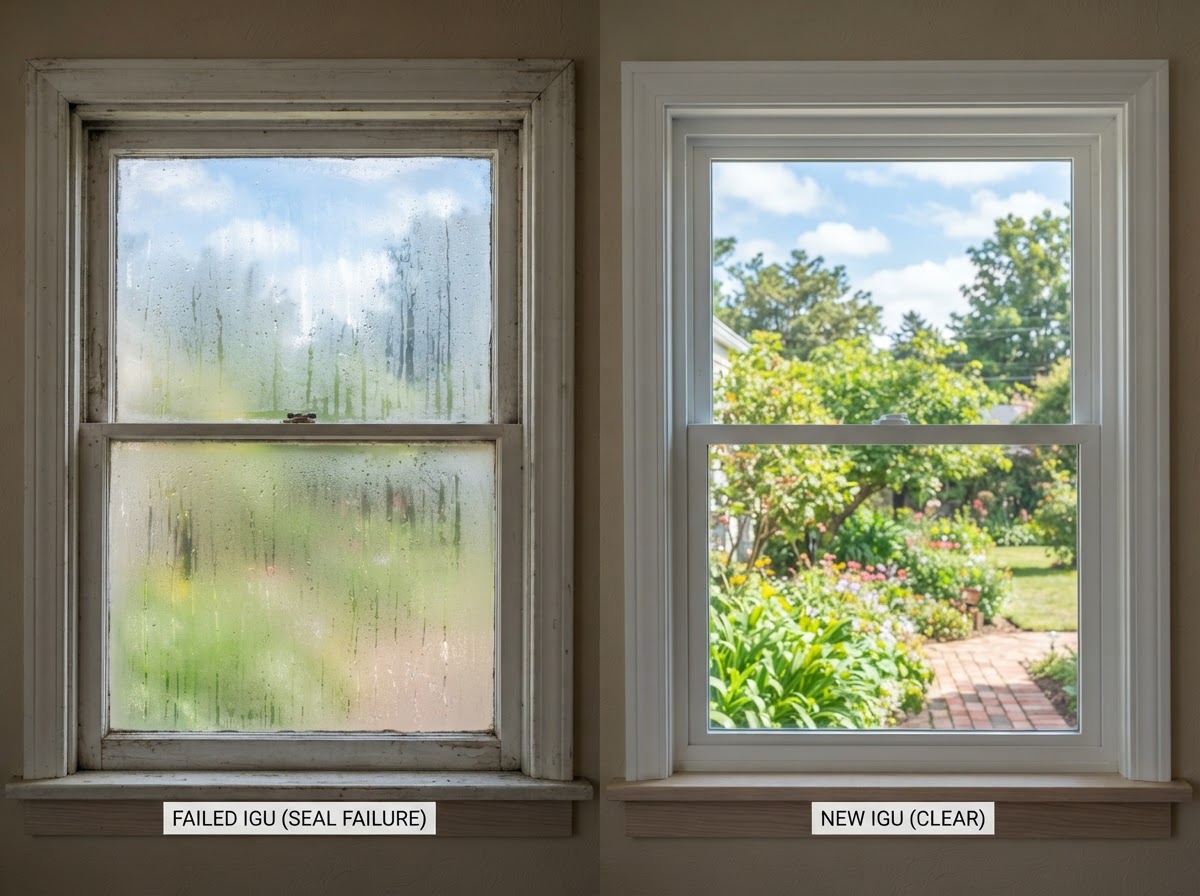 Foggy failed dual pane window next to a clear new insulated glass unit