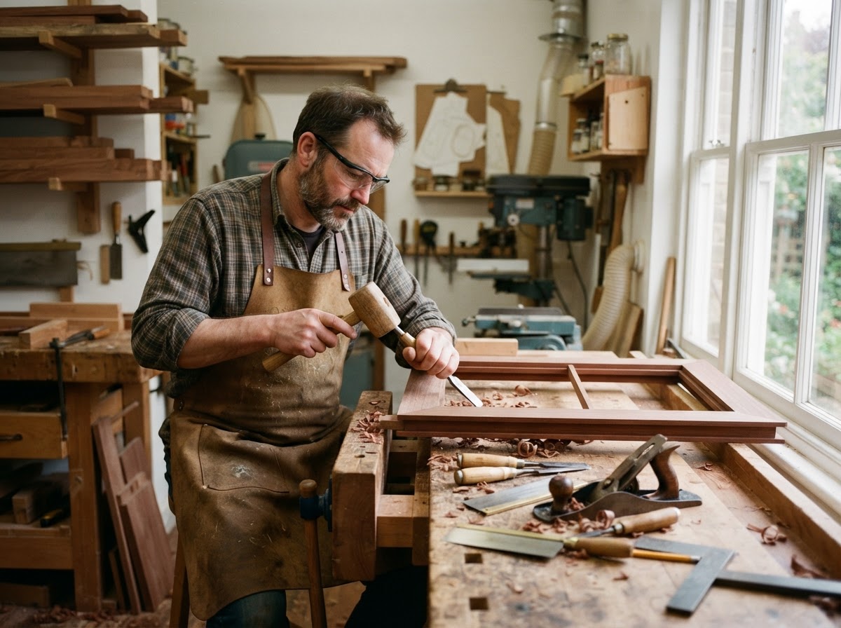 Craftsman fabricating a wooden window sash in the workshop