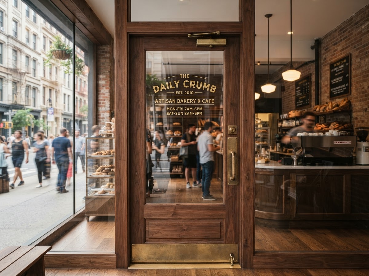 Hardwood commercial storefront door with tempered glass and brass hardware