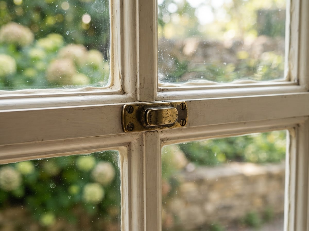 Handcrafted wood sash with brass hardware and restoration glass