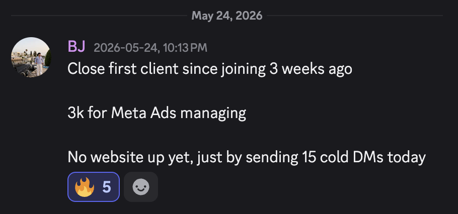BJ: Closed first client 3 weeks in — $3k for Meta Ads management