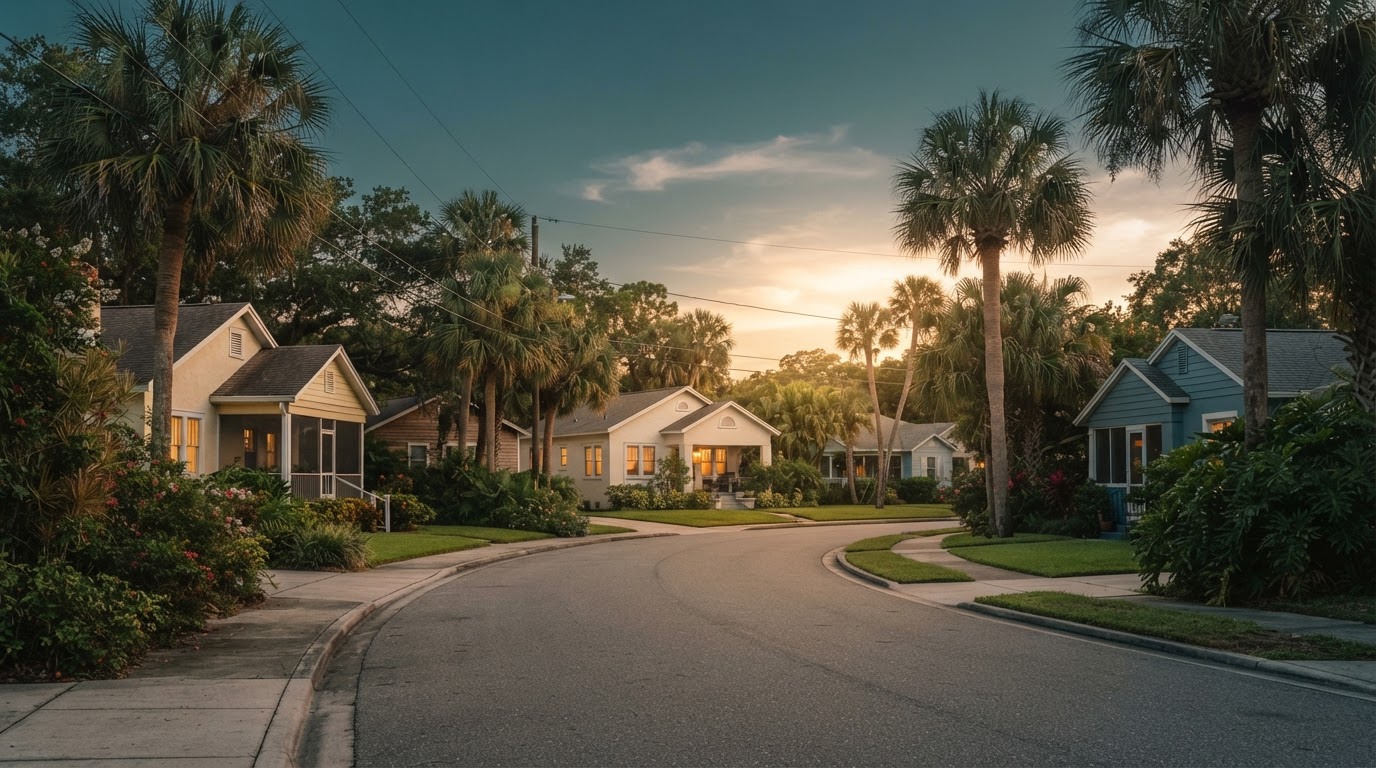 A quiet Florida residential street at golden hour