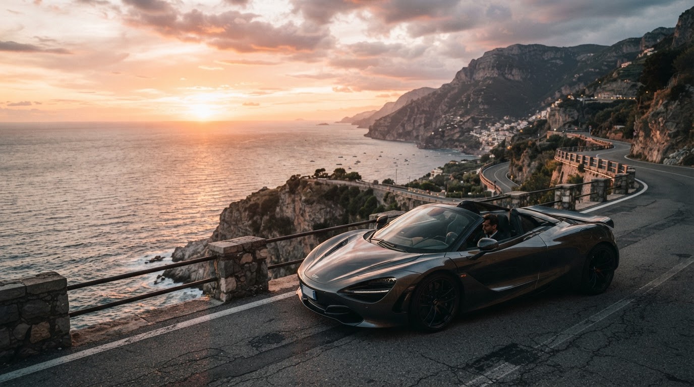 Exotic luxury sports car on a coastal cliffside road at sunset
