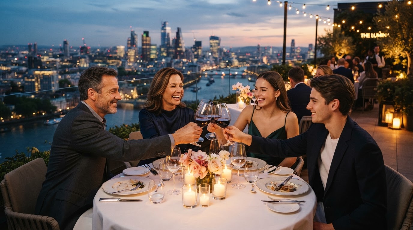 Family toasting wine glasses at a rooftop fine dining table
