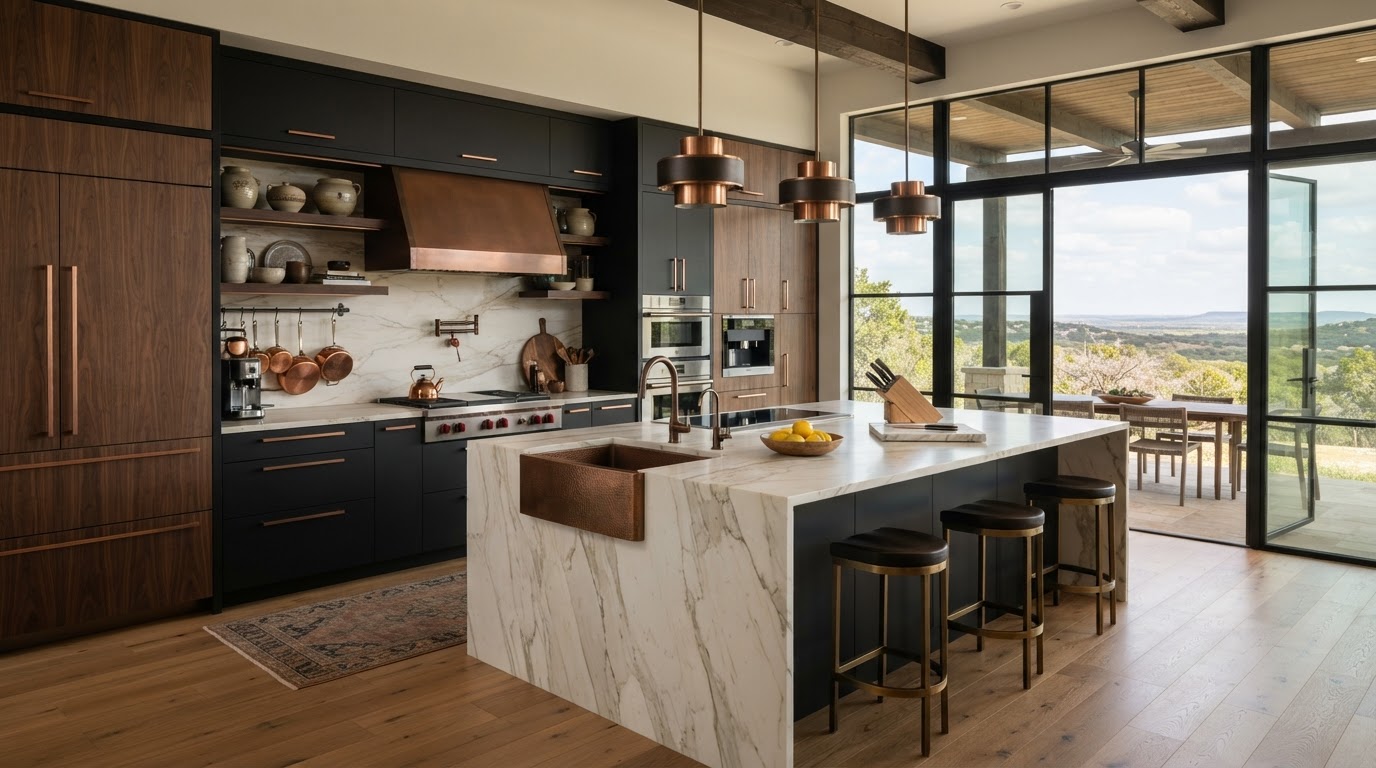 Luxury modern kitchen with custom cabinetry and copper accents in a Central Texas home
