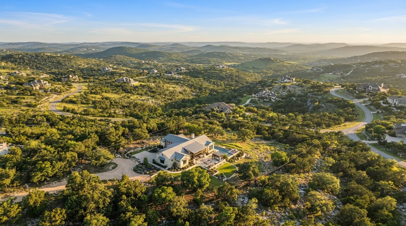 Texas Hill Country acreage and rolling land with mature oak trees
