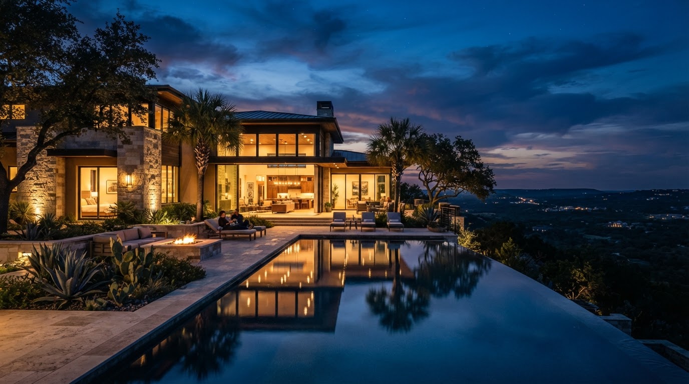 Modern luxury estate at twilight with infinity pool
