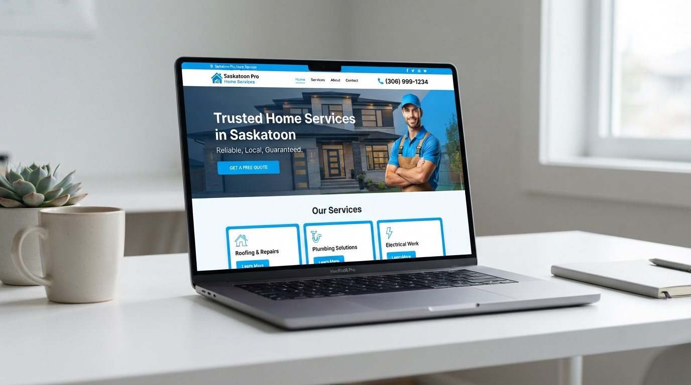 A lead-generation website for a Saskatoon service business shown on a laptop, with a clear call to action and service cards