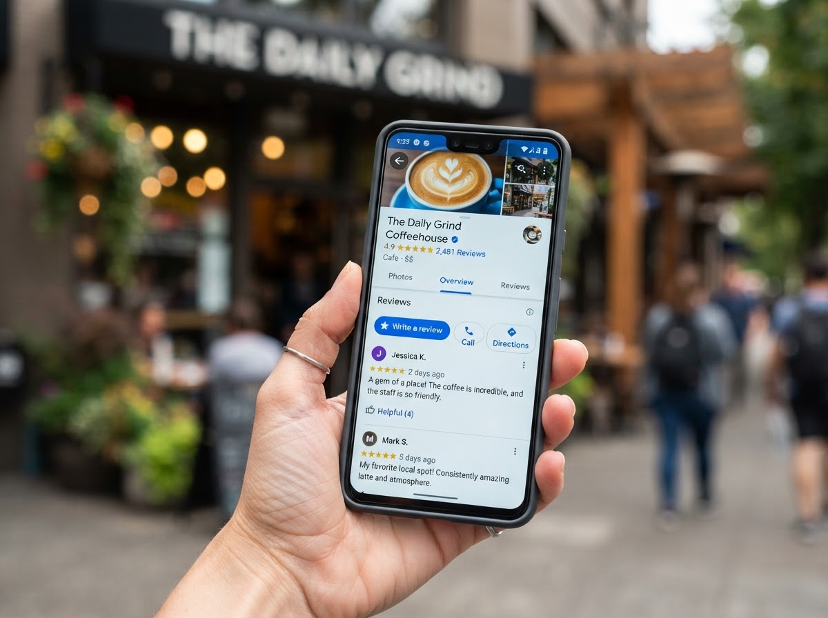 Smartphone showing rising five-star Google reviews for a Saskatoon business using review automation