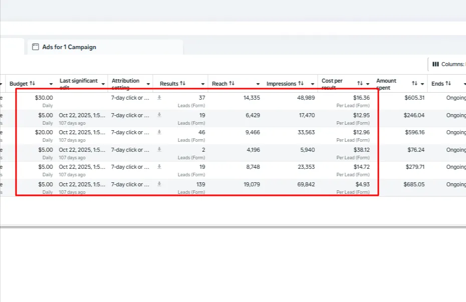 Meta ads campaign results: 139 leads at $4.93 per lead, 46 leads at $12.96