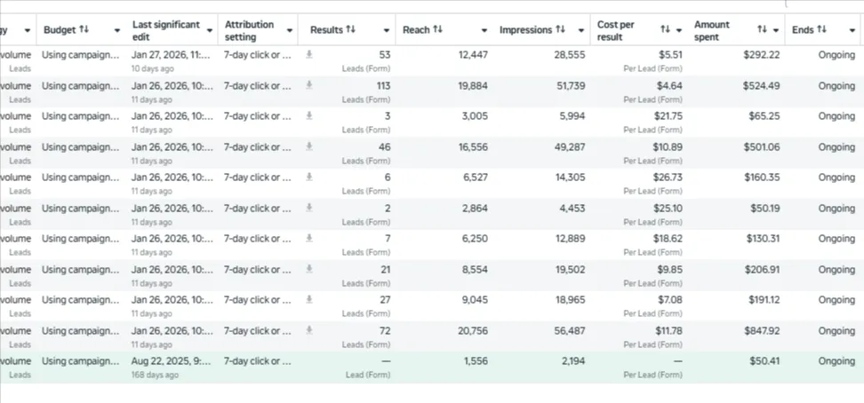 Meta ads campaign breakdown: 113 leads at $4.64, 53 leads at $5.51, 72 leads at $11.78