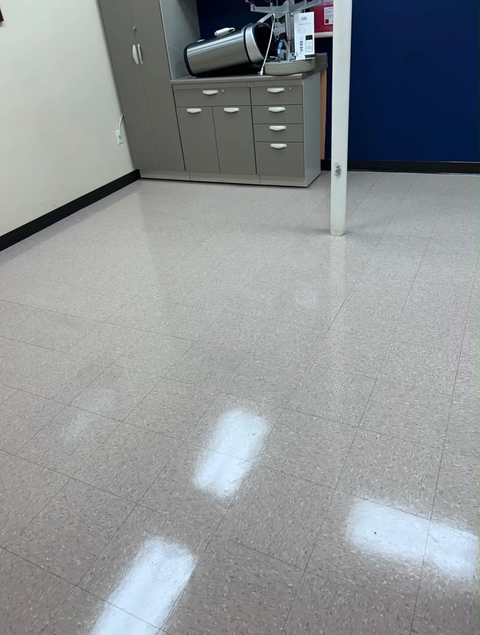 Clinical exam room high-gloss sanitized vinyl composite tile floor care by All Five Star MJ, Inc.