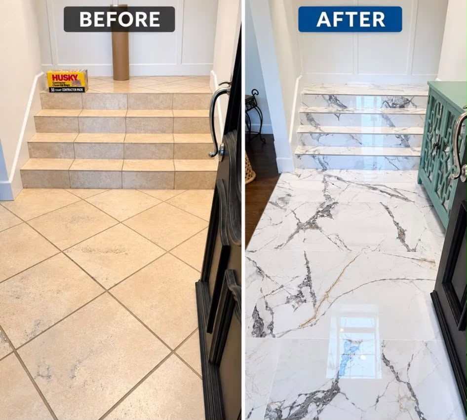 Commercial tile and marble floor restoration before and after by All Five Star MJ, Inc.