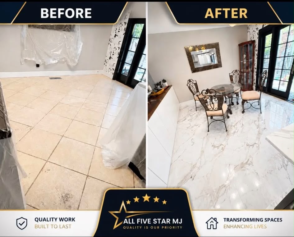 Before and after luxury tile and marble floor transformation by All Five Star MJ, Inc.