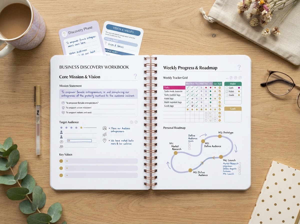 Workbook pages, prompts, a weekly tracker, and a personal roadmap