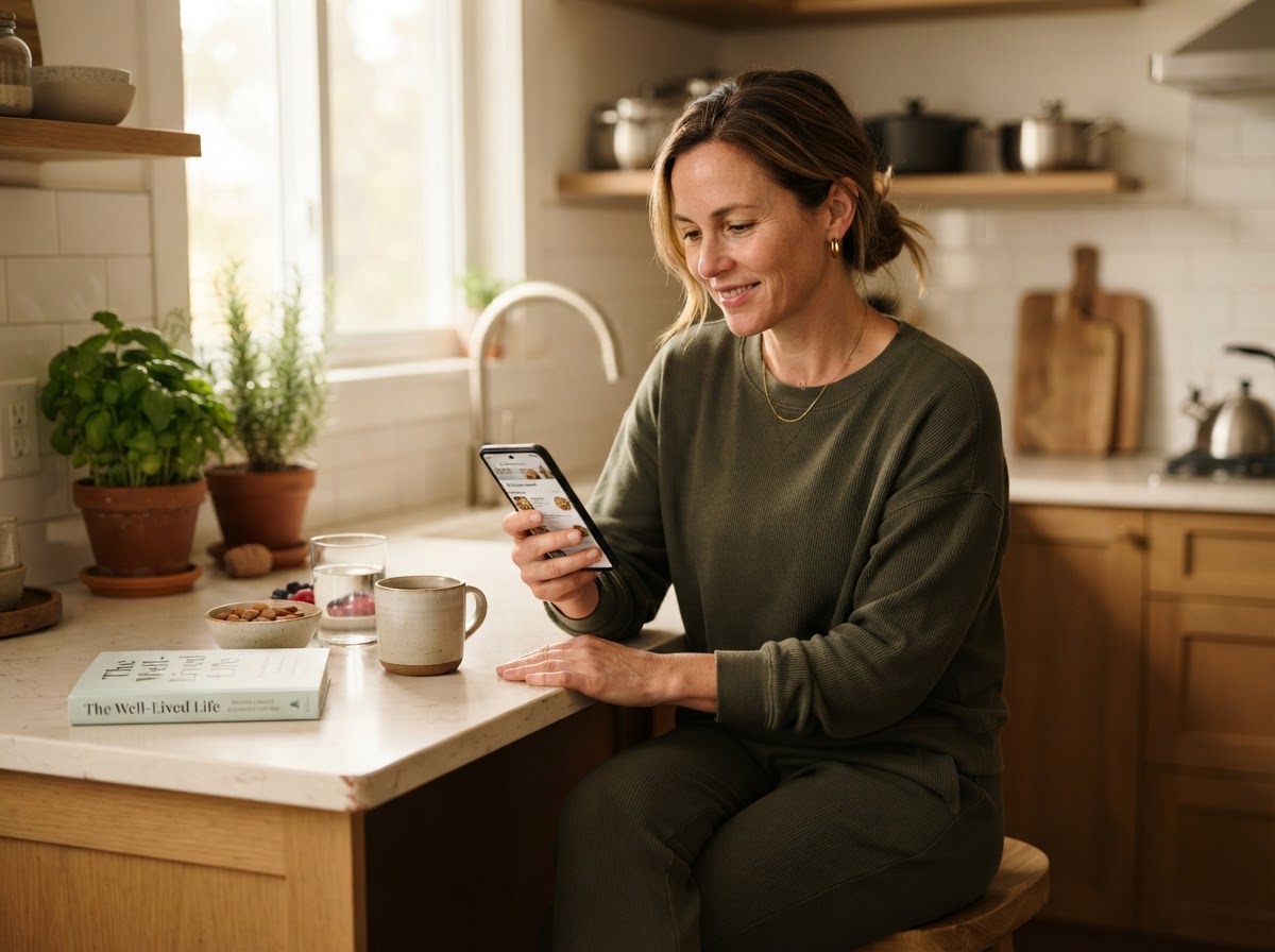 A woman in her early 40s reviewing her plan at home in natural morning light