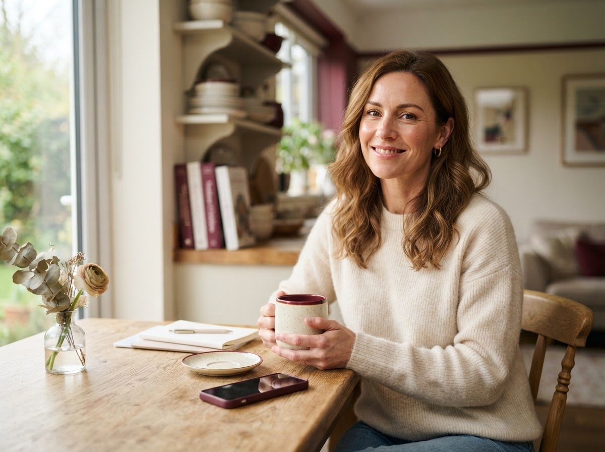 A woman in her 40s resting calmly in soft natural light