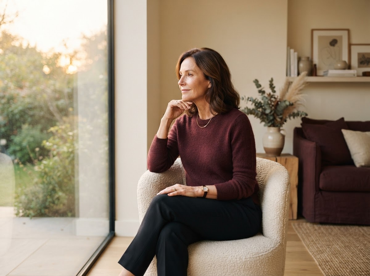 A poised woman in her late 40s in calm natural light, ready to begin her plan