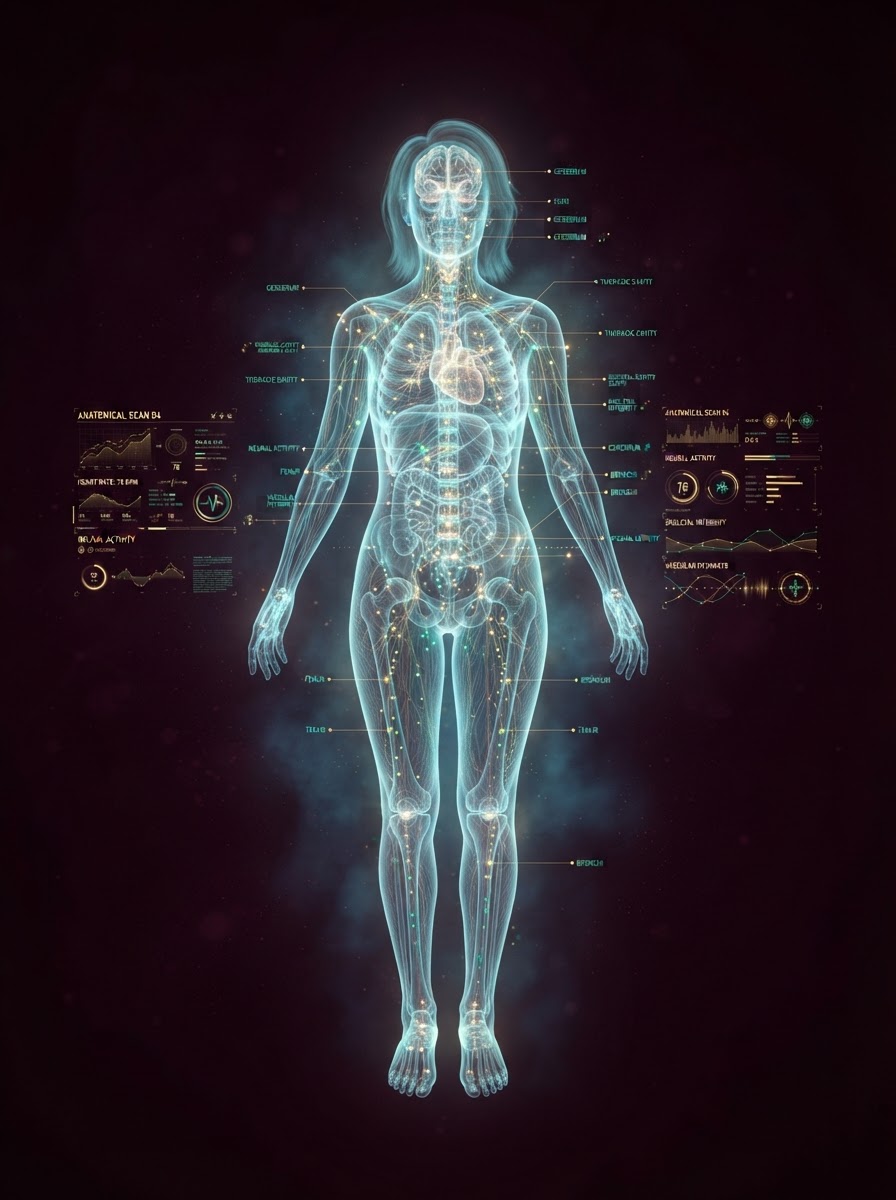 Glowing 3D hologram of a human body mapped with genetic and biomarker data