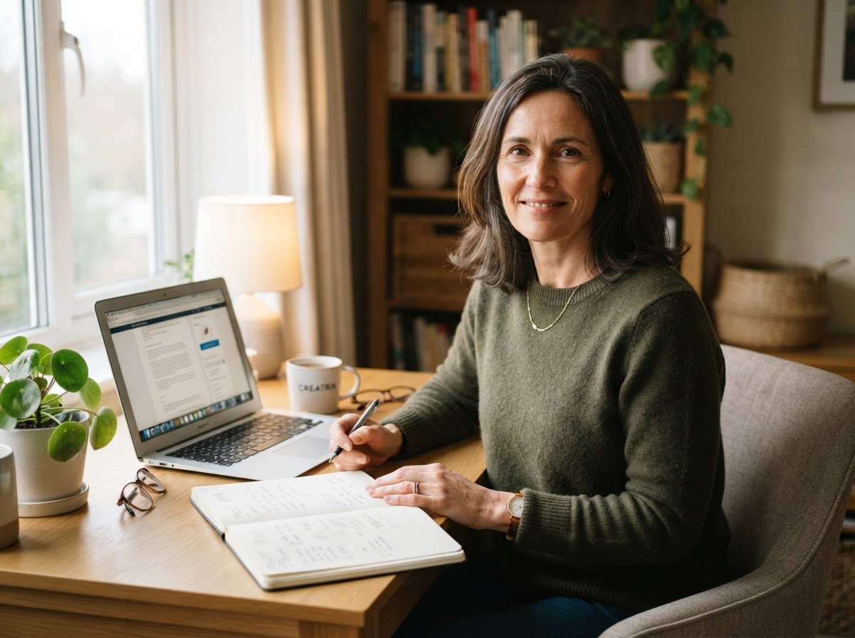 A confident woman in her late 40s at a bright home desk, ready for her weekly check-in