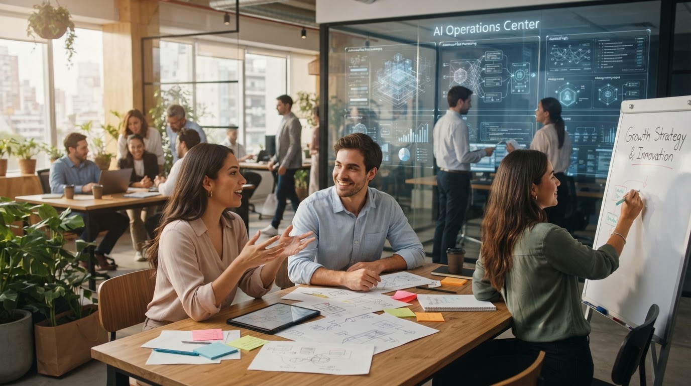 Profesionales latinoamericanos liberados del trabajo repetitivo mientras agentes IA manejan flujos digitales