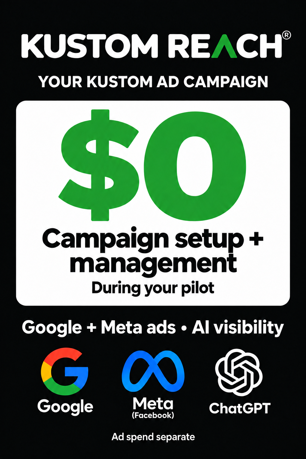 Kustom Reach $0 Campaign setup and management during your pilot on Google, Meta ads, and AI visibility