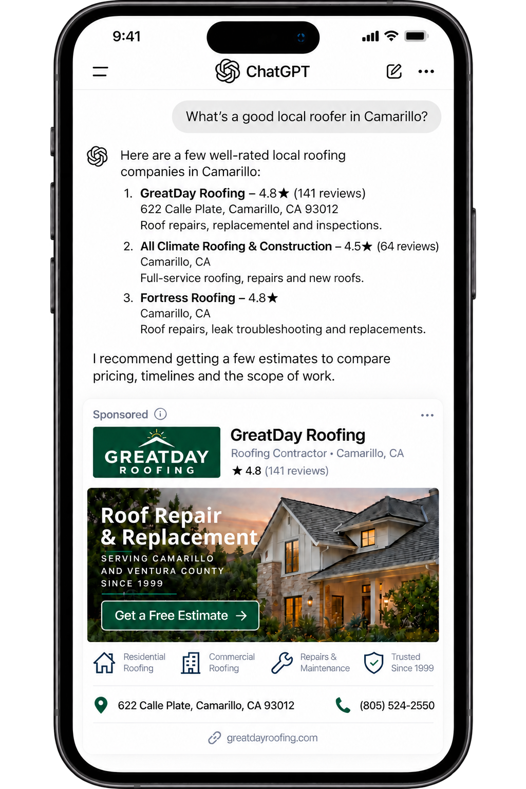 ChatGPT search: What's a good local roofer with sponsored ad card