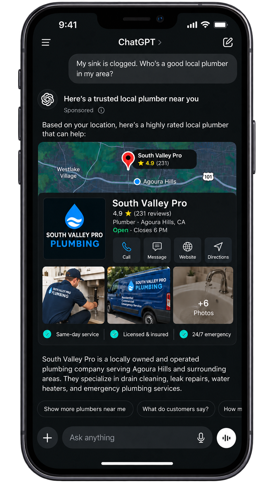 ChatGPT recommending South Valley Pro Plumbing with rich profile, ratings, map and call buttons