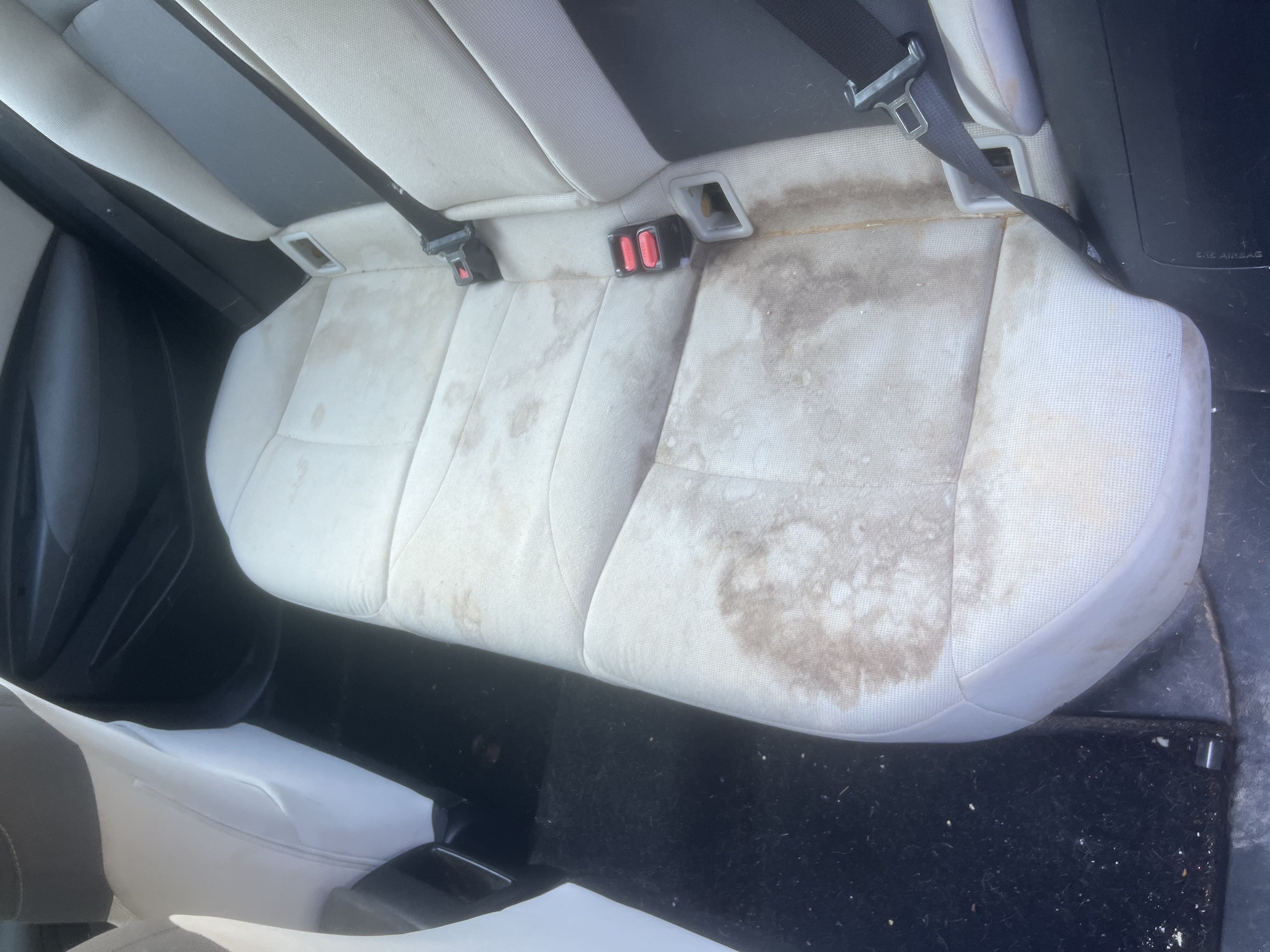 Vehicle cloth seat heavily soiled before deep cleaning