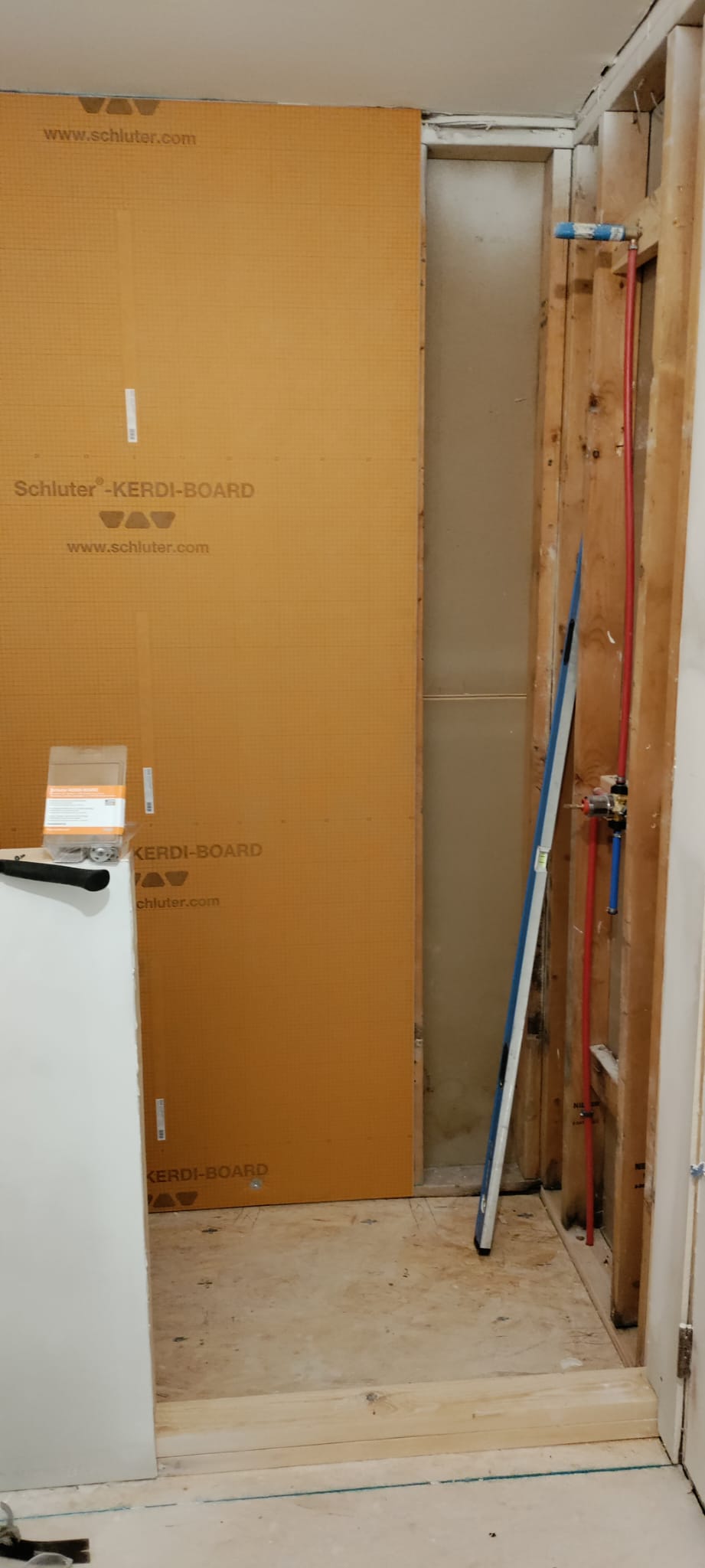 Shower rough-in PEX hot and cold supply lines, pressure valve, and level framing by Rvicente Remodeling LLC in Pickens SC