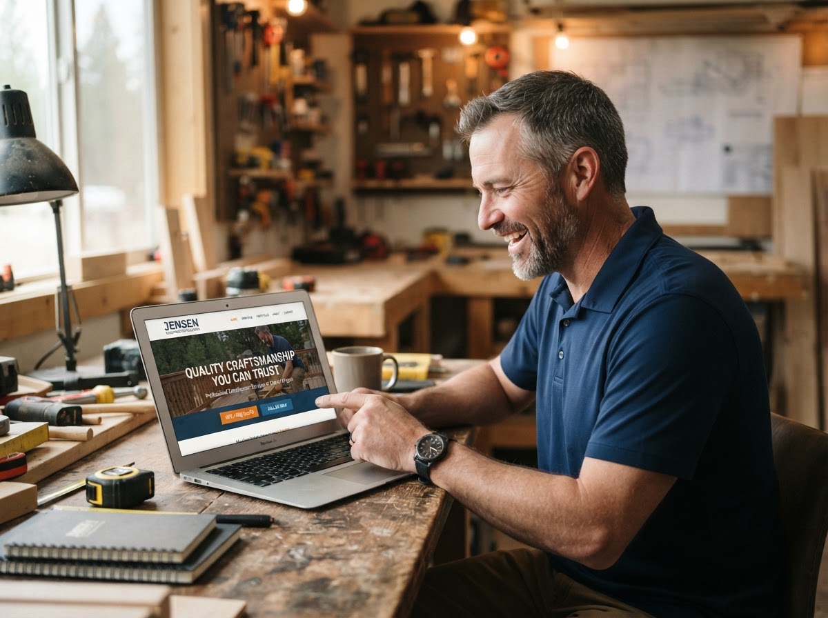 Small business owner reviewing his modern professional Smart Website that turns visitors into customers