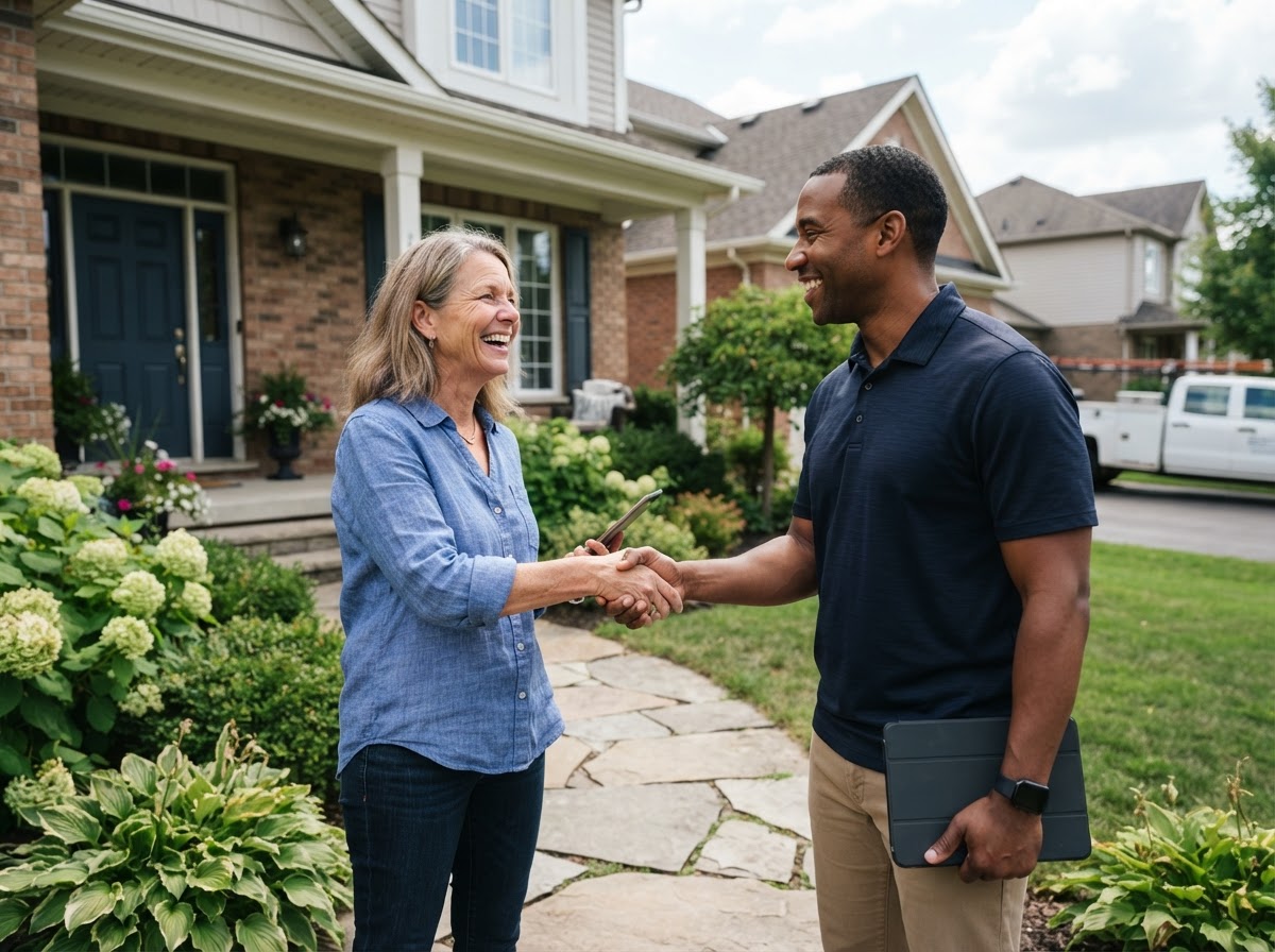 A happy homeowner shaking hands with a home improvement sales rep in front of their home — turning a happy customer into a genuine review with REVAMP Get Found