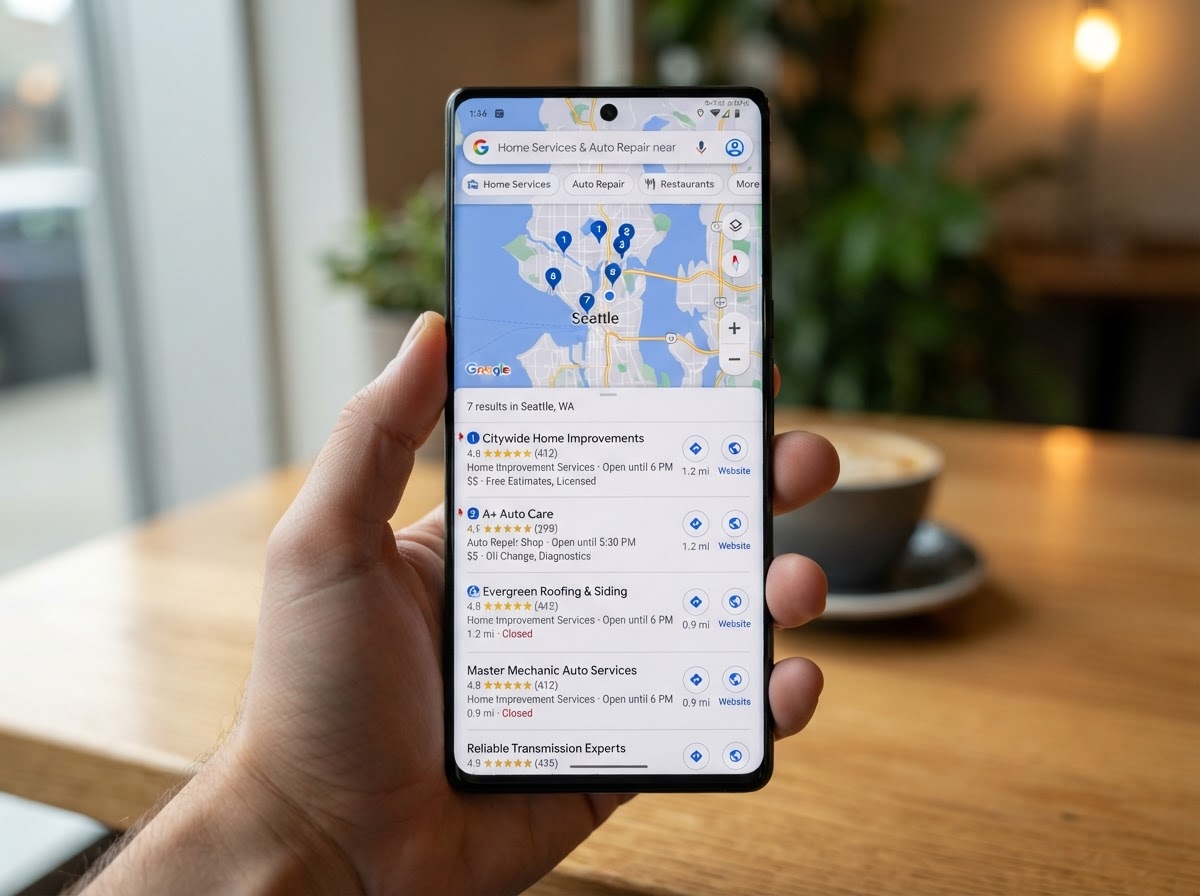 Local home improvement and auto repair businesses showing up at the top of Google Maps when nearby customers search with REVAMP Get Found