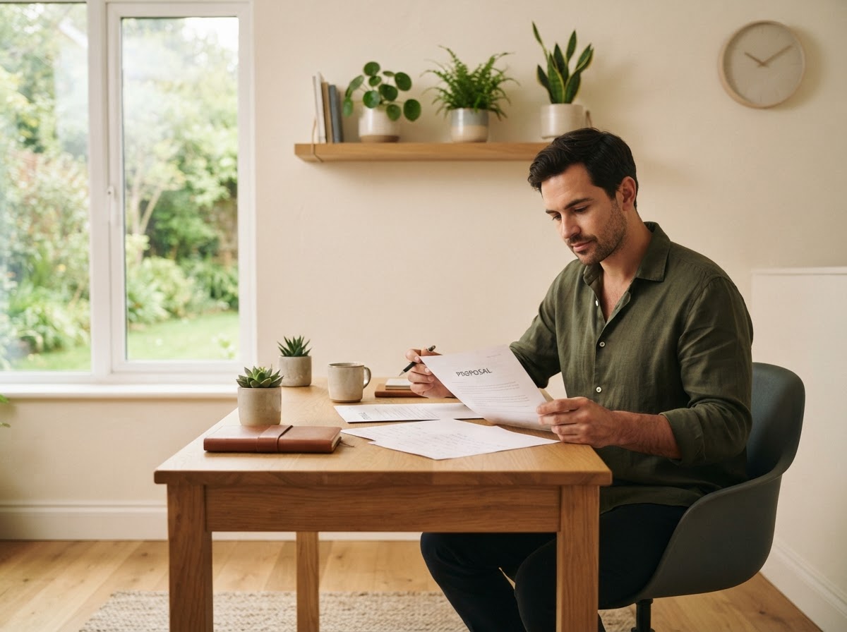 A smart-casual business owner reviewing a proposal at a tidy desk in a small home office with soft window light