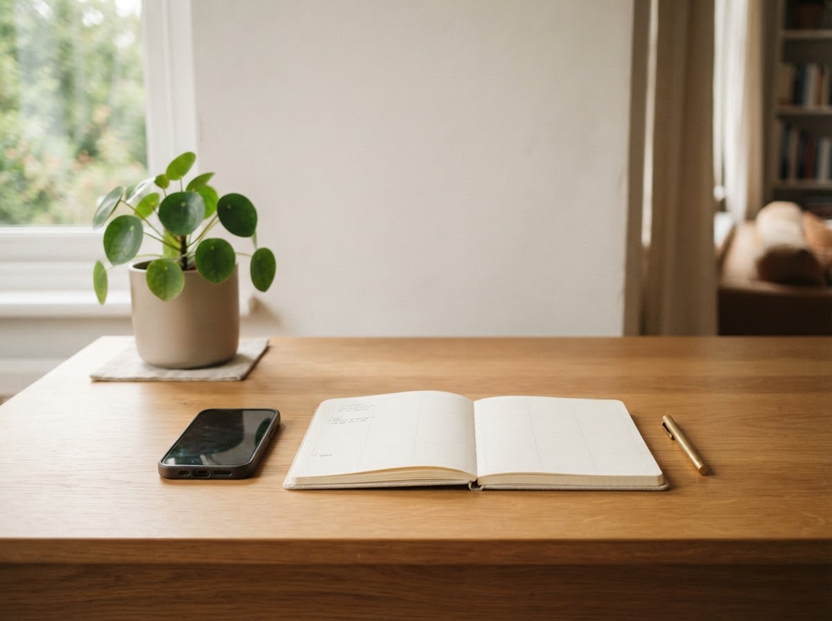 A desk with a blank undated planner and a phone in a small home office with soft window light