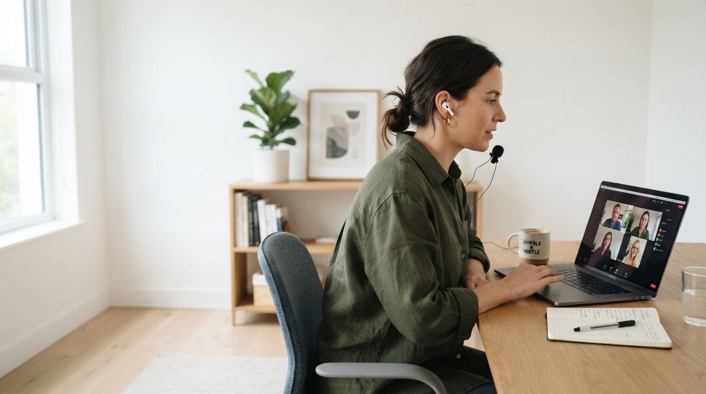 A business owner on a video call in a bright home office