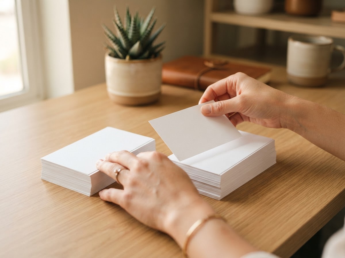 Both hands clearly in frame, sorting index cards into two piles on a clean small-office desk