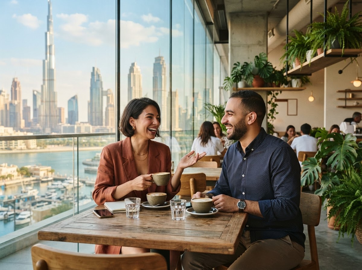 Two smart-casual professionals chatting over coffee in a bright modern café, with the Dubai skyline through the glass