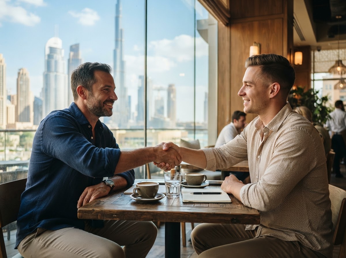 A confident handshake across a small café table, with the Dubai skyline visible through the window