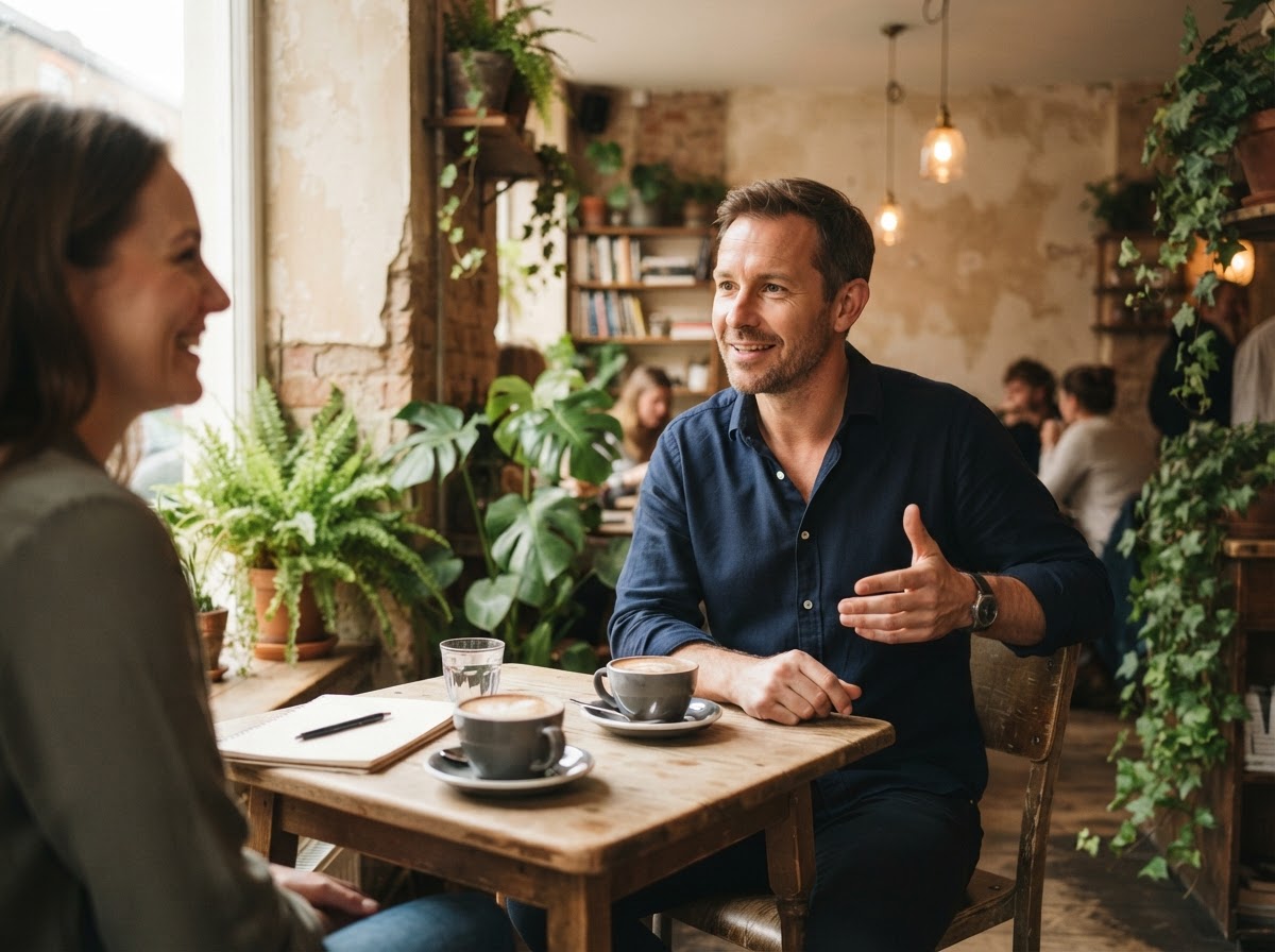 A thoughtful smart-casual professional across a small café table mid-conversation