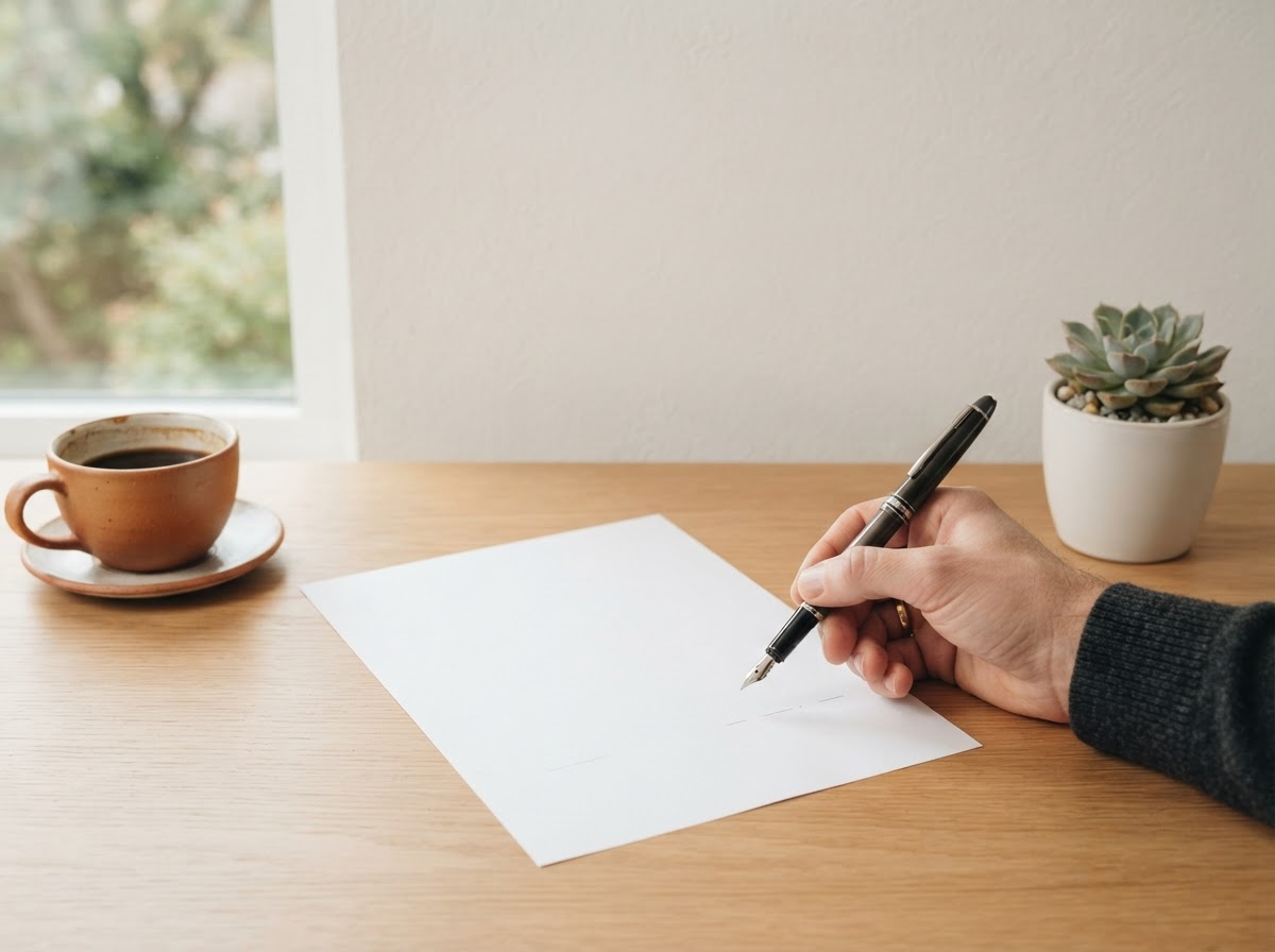 A pen hovering over a blank contract on a clean small-office desk with a coffee cup and plant