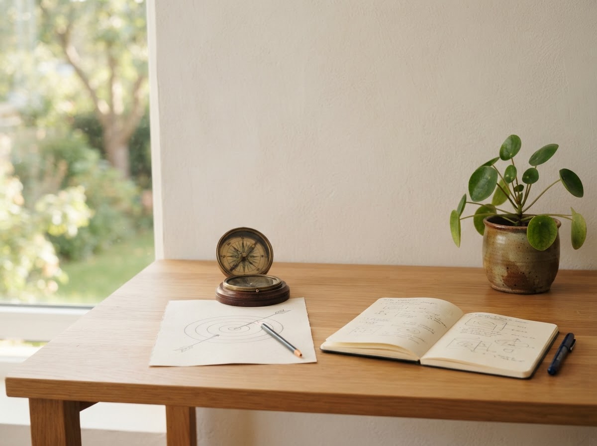 A compass and target diagram on a clean small-office desk with a notebook and plant