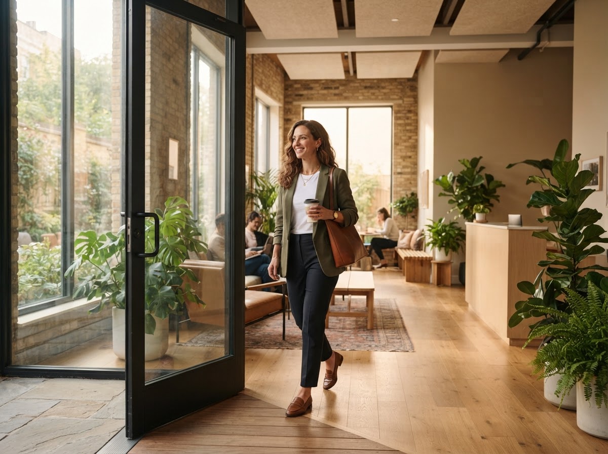 A smart-casual person stepping through an open glass door into a bright co-working lobby