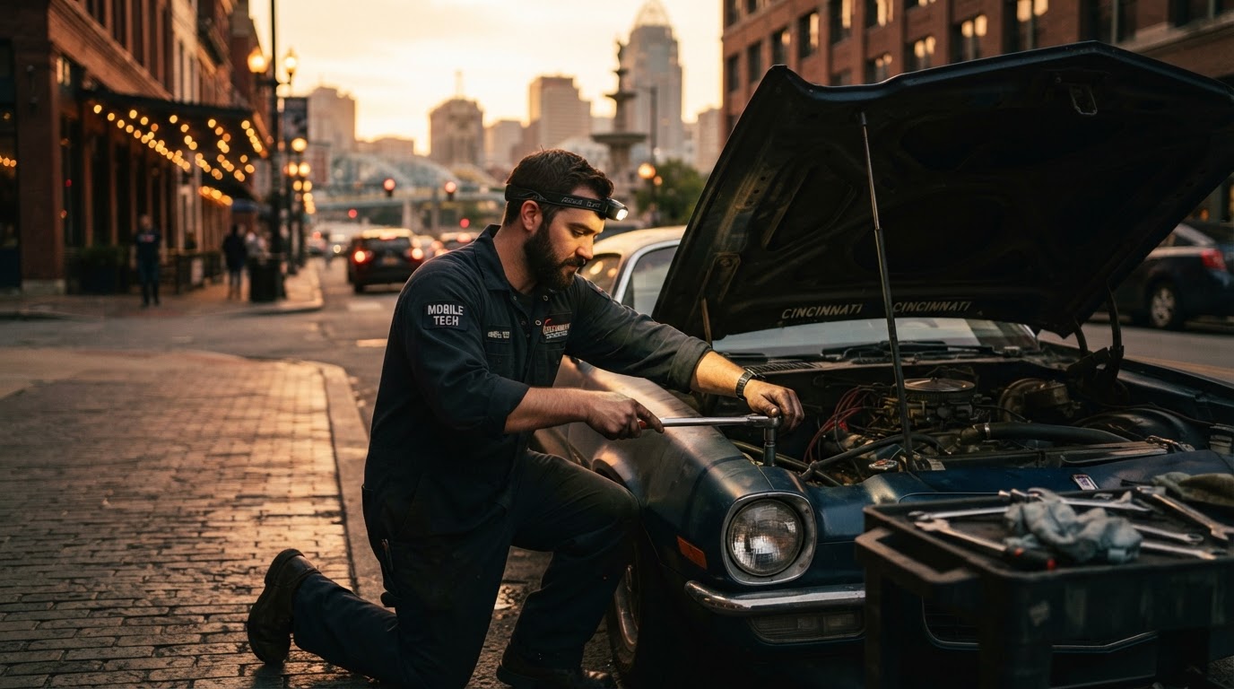 Mobile mechanic repairing a car engine in Cincinnati, Ohio